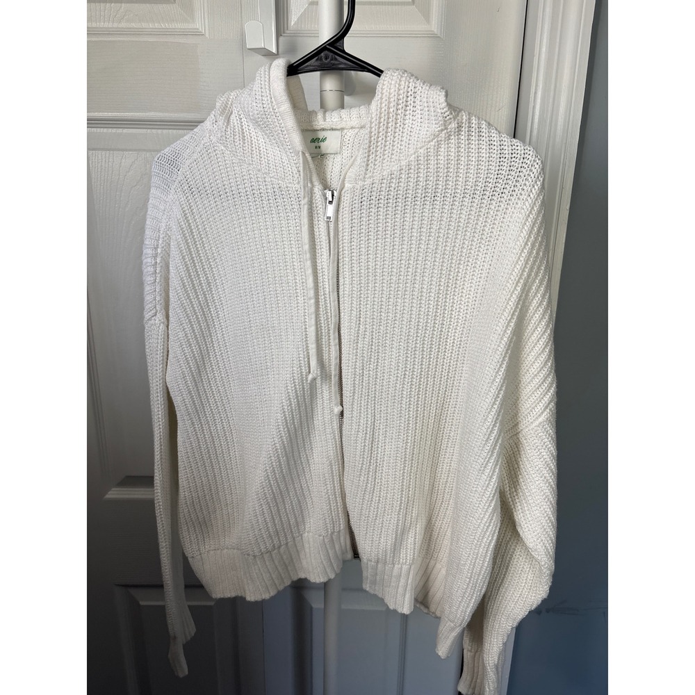 Aerie Womens White Shaker Stitch Knit Zip Up Hoodie Sweater Size M